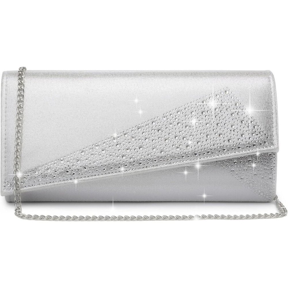 Women's Silver New Satin Rhinestone Evening Clutch Bag Sparkle Glitter Purse